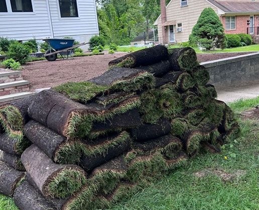 Sod rolls staged beside prepared soil for a Long Island residential sod installation project